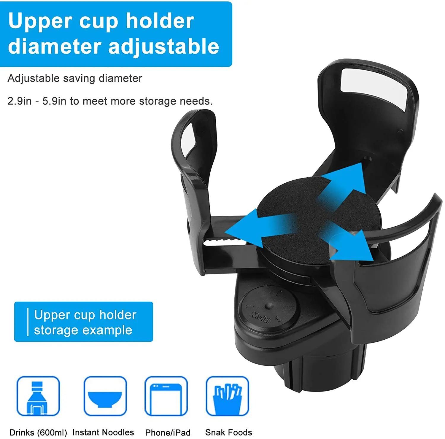 2 in 1 Multifunctional Universal Plug-in Car Cup Holder Extension Adapter 360 Degree Rotation Adjustable Base Fixed Storage Rack