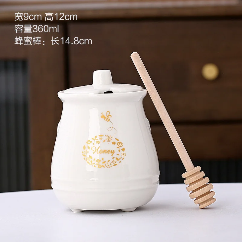 360ml Ceramic Honey Jar with Wooden Dipper & Large Bee Decoration Farmhouse Kitchen Accessory for Food Use