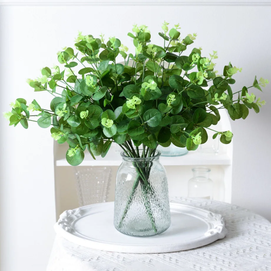 Hot Sale Artificial Eucalyptus leaves Branches Money Leaf Bouquet Greeneery Wedding Centerpiece Home Decor