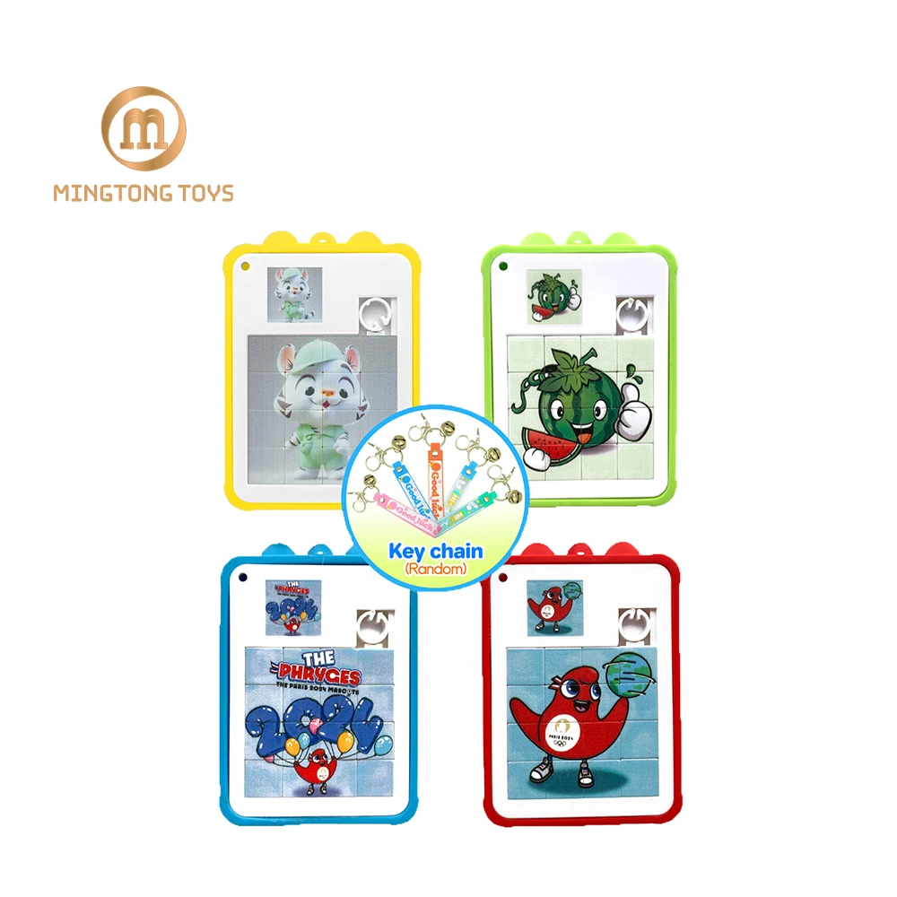 Education Toy Custom Pattern Key Ring Slider Block Jigsaw Mini Plastic Sliding Puzzle Game With Keychain