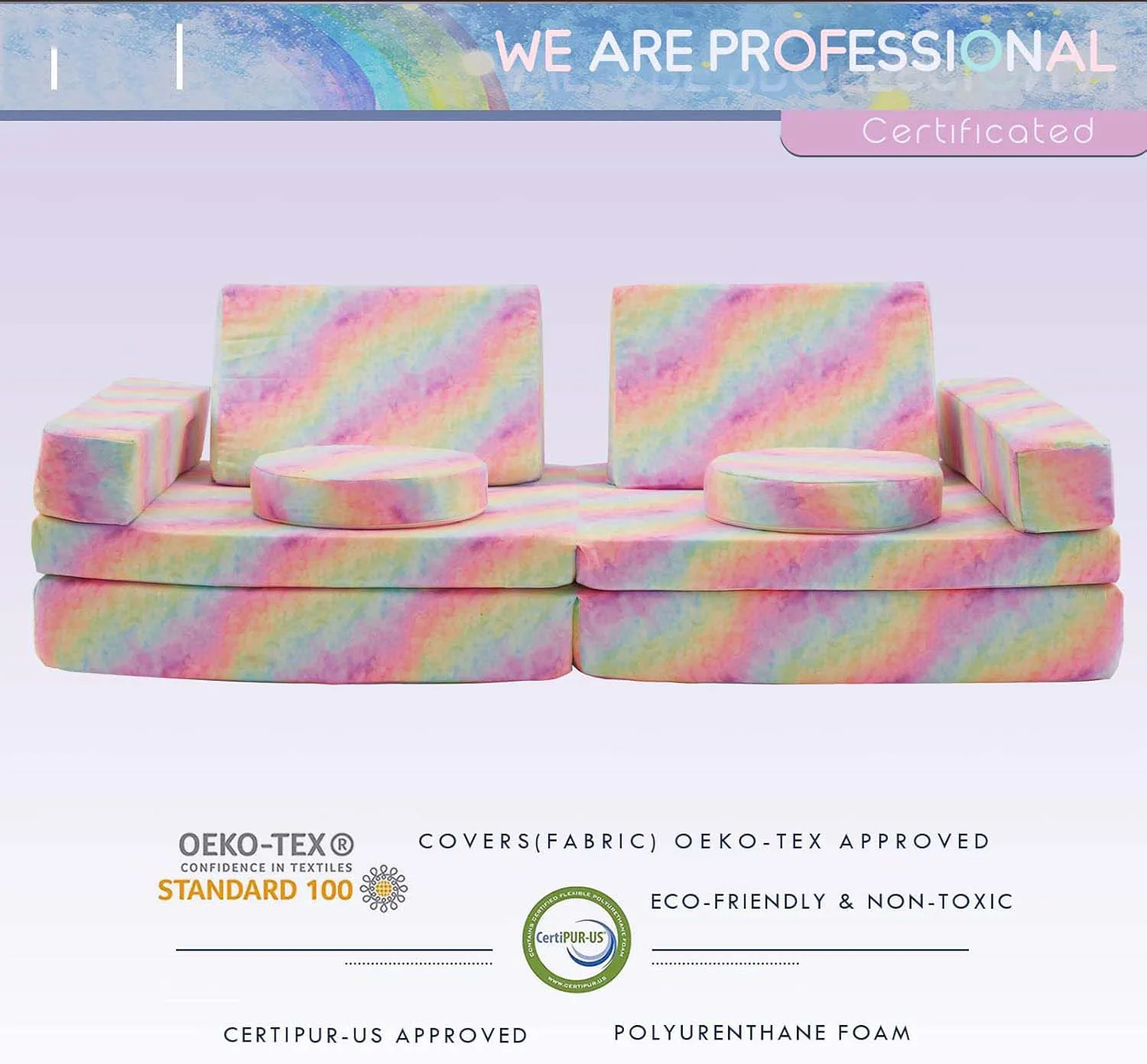 Kids Couch Extended Size 10PCS Futons Modular Foam Play Couch for Kids and Adults Rainbow Sectional Sofa