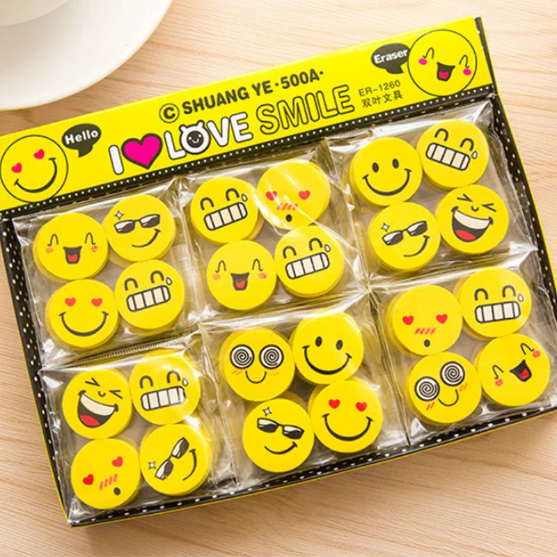 New Yellow Smiley Smile Face Pencil Eraser Novelty Erasers 4 Packs For Kids Cute Customizable Rubber Eraser
