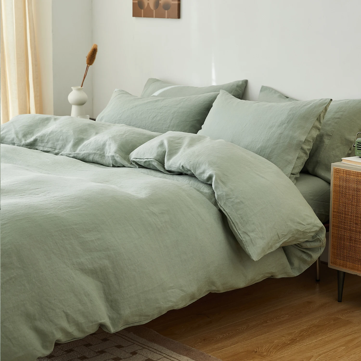 High quality hotel green super king stone washed 100% pure linen quilt cover bed sheets  french linen duvet cover set