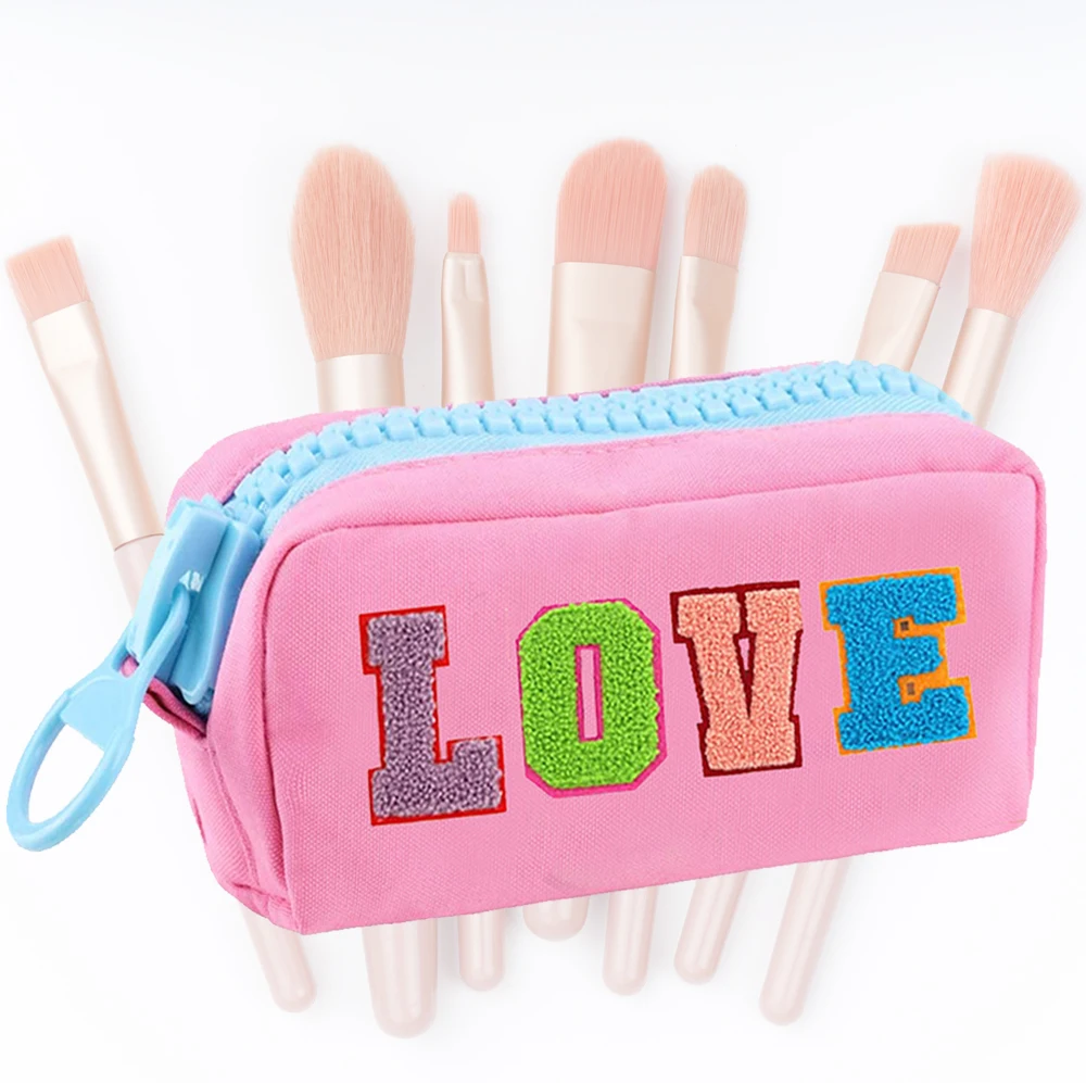 DIY Embroidery Plush Cosmetic Bag Toiletry Bag Ladies Towel Glittering Chenille Patch Student Pencil Case Preppy makeup bag