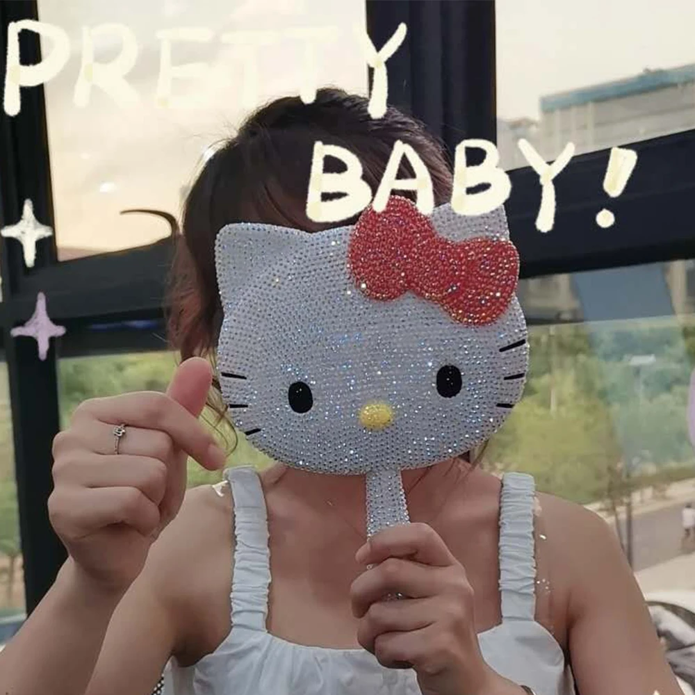 Оптовая продажа белые розовые красные зеркала Hello Kitty ручные с блестящими бриллиантами для макияжа Дорожные Зеркала