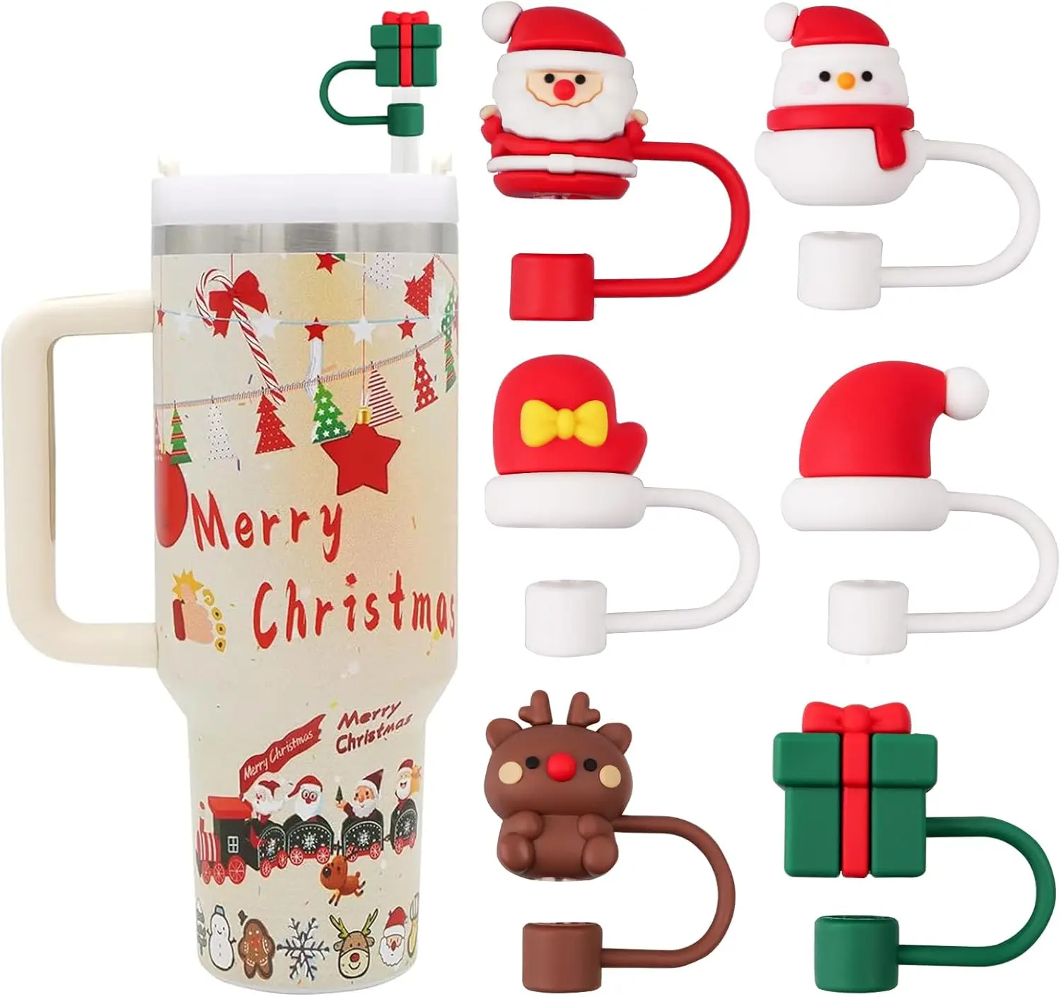 Christmas Straw Cover Caps for Stanley Cup 6 Pcs Silicone Straw Toppers Cute Reusable Dust-proof 10mm Drinking Straw Tip Covers