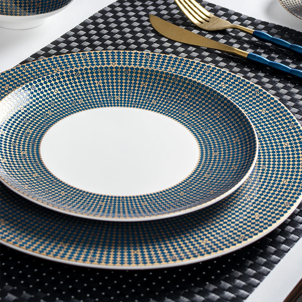 Luxury Bone China Ceramic Glaze Plate For Wedding Dishes Restaurant Blue With Gold Round Dishes & Plates Hotel  Charger Platter