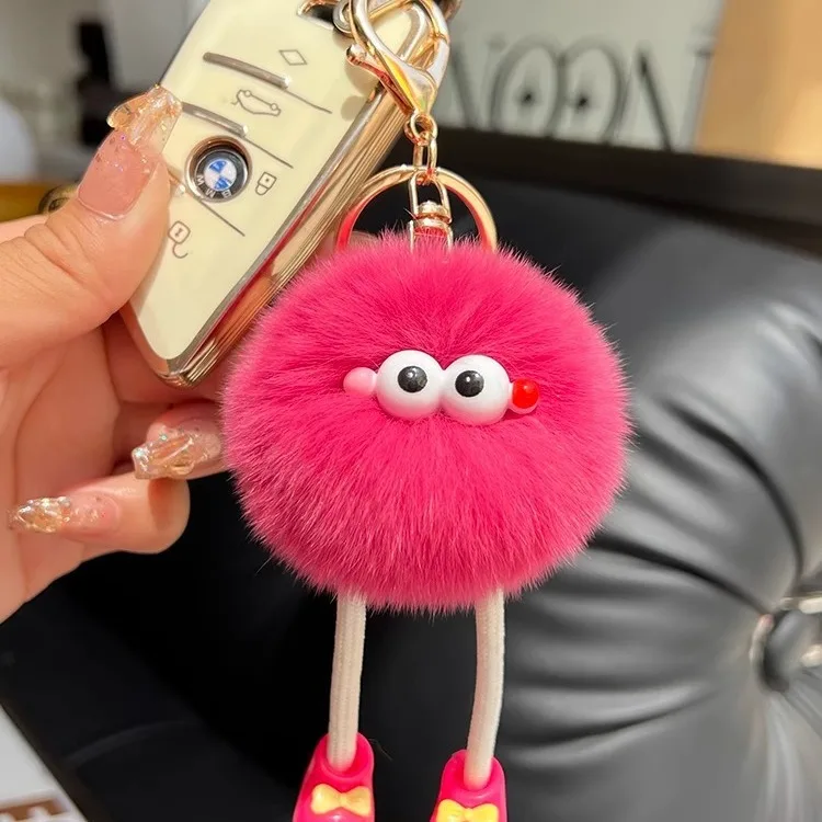 Plush Long Leg Small Coal Ball Keychain Cute Black Grey Pink rabbit Fur Pendant Creative Bag Car Metal Keyring Girl Lover Gift