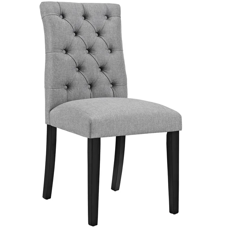 Modern Home Design Wooden Restaurant White Wash Finish Linen Fabric Tufted Back Dining Chair