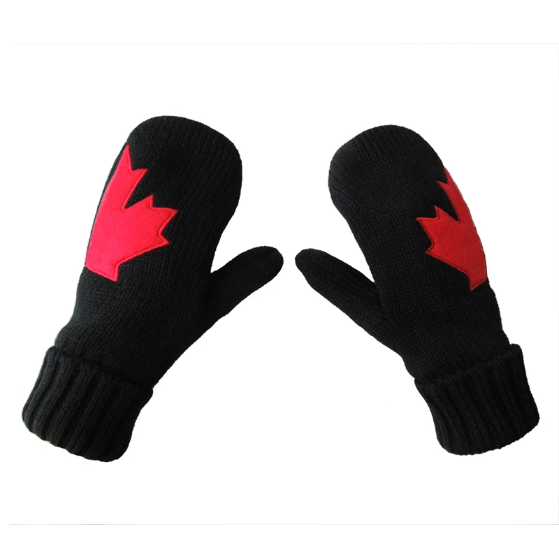 Canada Maple Leaf Jacquard Knitted Mittens Fleece Lined Ski Winter Gloves