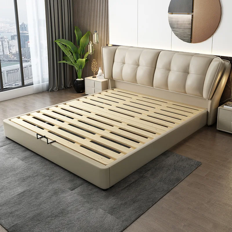 В наличии, оттоманка из искусственной кожи со светодиодной подсветкой и стеганным изголовьем, оттоманка для хранения, газовый подъемник, Современная рама из искусственной кожи