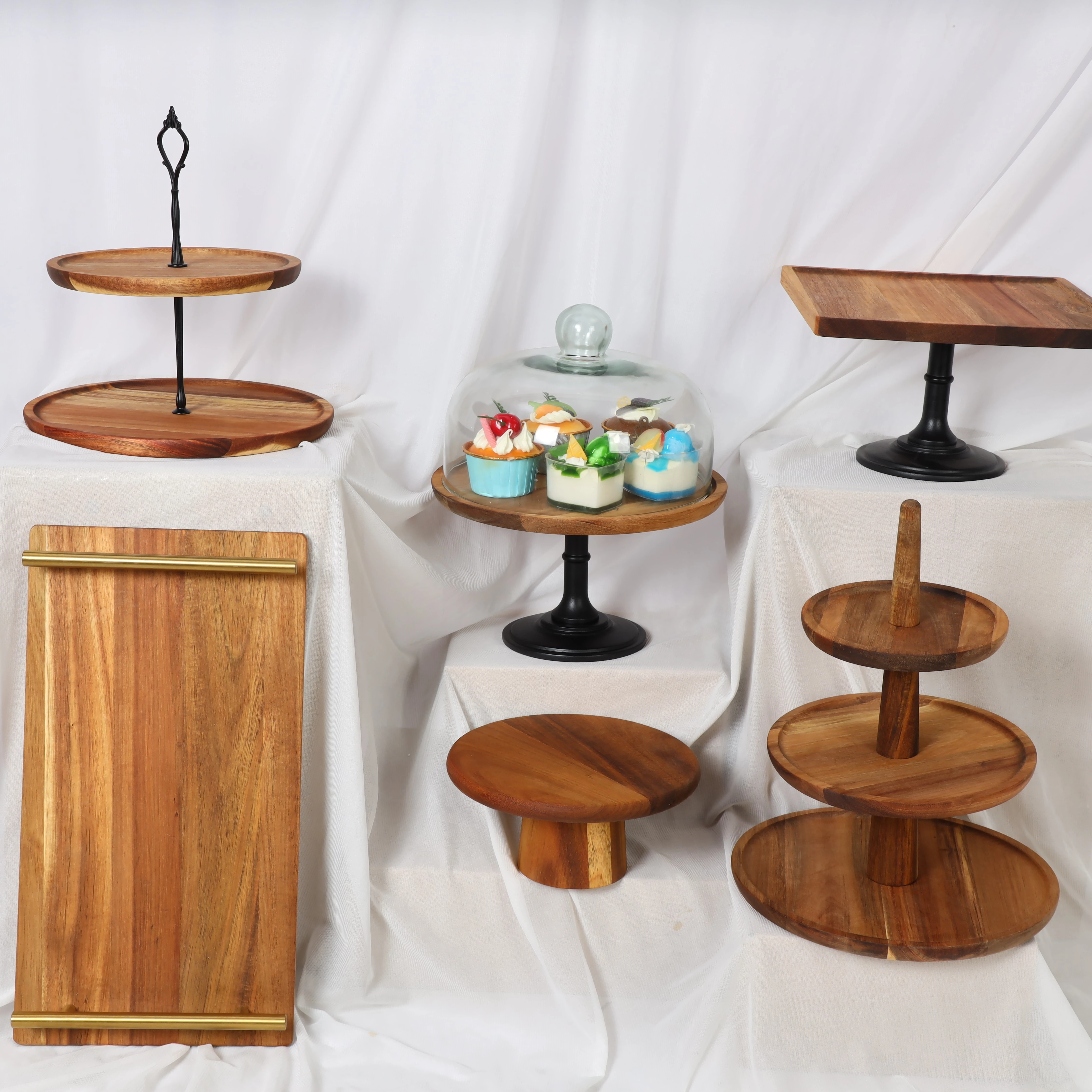 2023 hot sale Outdoor activities party wedding suit wooden trays wooden plates 2 tiers 3 tiers acacia wooden serving trays