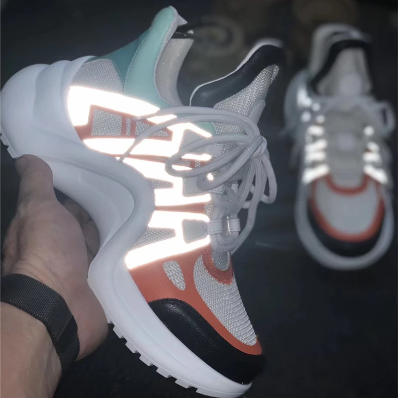 Platform Arched Brand Designer Mesh Leather Sneakers Thick Sole Heel Casual Reflective High Top Sport Shoes