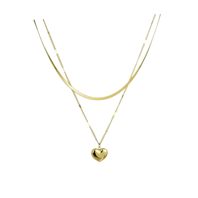 18K Gold Plated Stainless Steel Necklace Jewelry Women Love Heart Pendant 2 Layers Necklace