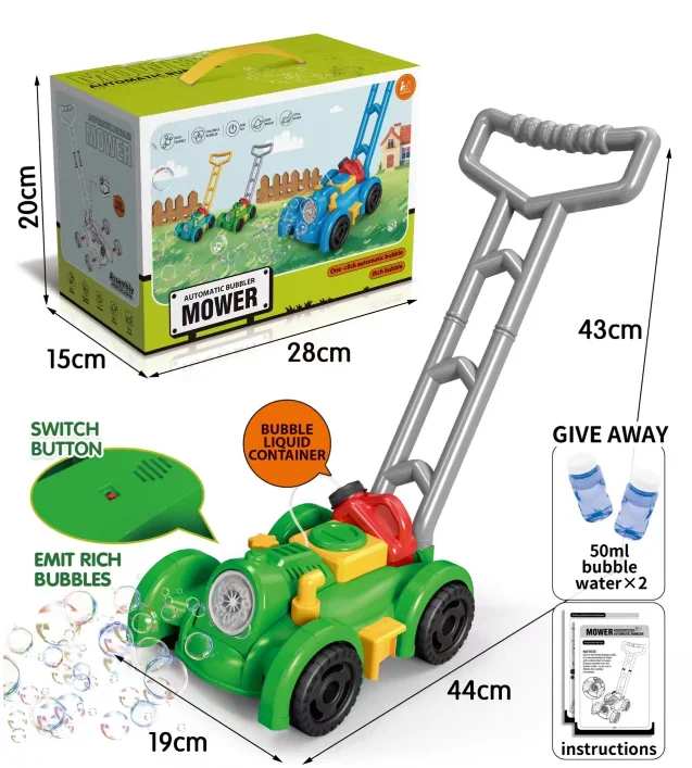 QW New Hot Selling Green Outdoor Educational Toy Fully Automatic Lawn Mower Bubble Handcart with 2 Bottles of 50ML Bubble Water