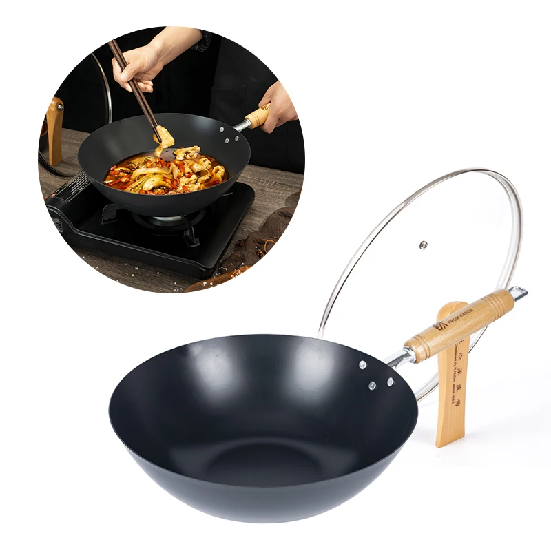 Large Capacity Wok Traditional Japanese Handled Transparent Glass Lid Stir Fry Wok