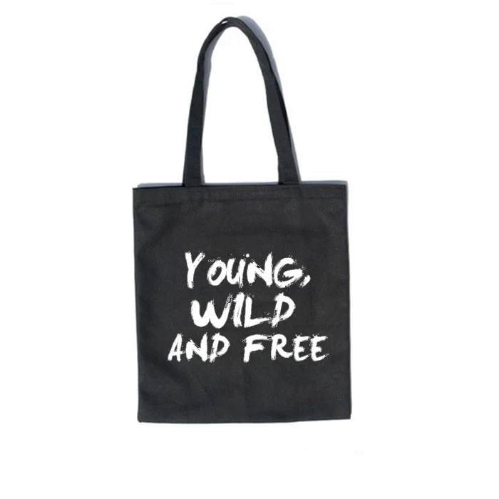 Wholesale Eco Black White Young Wild and Free Print Cotton Canvas Tote Bag for Women Girls