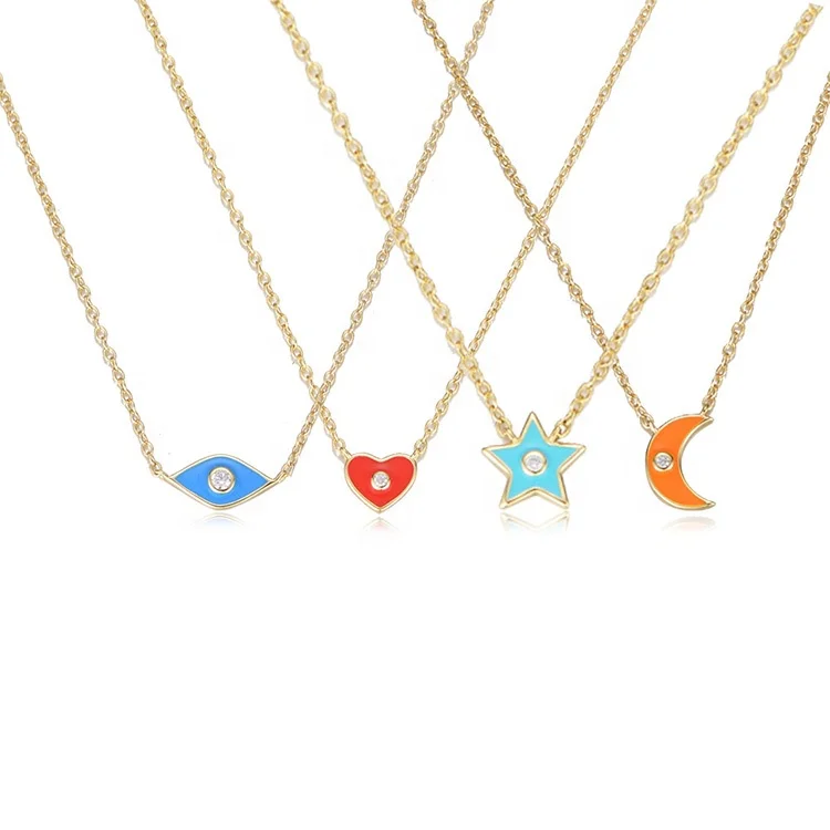 custom kids friendship 14k gold plated heart necklace jewelry 925 sterling silver enamel eye star pendant necklaces for women