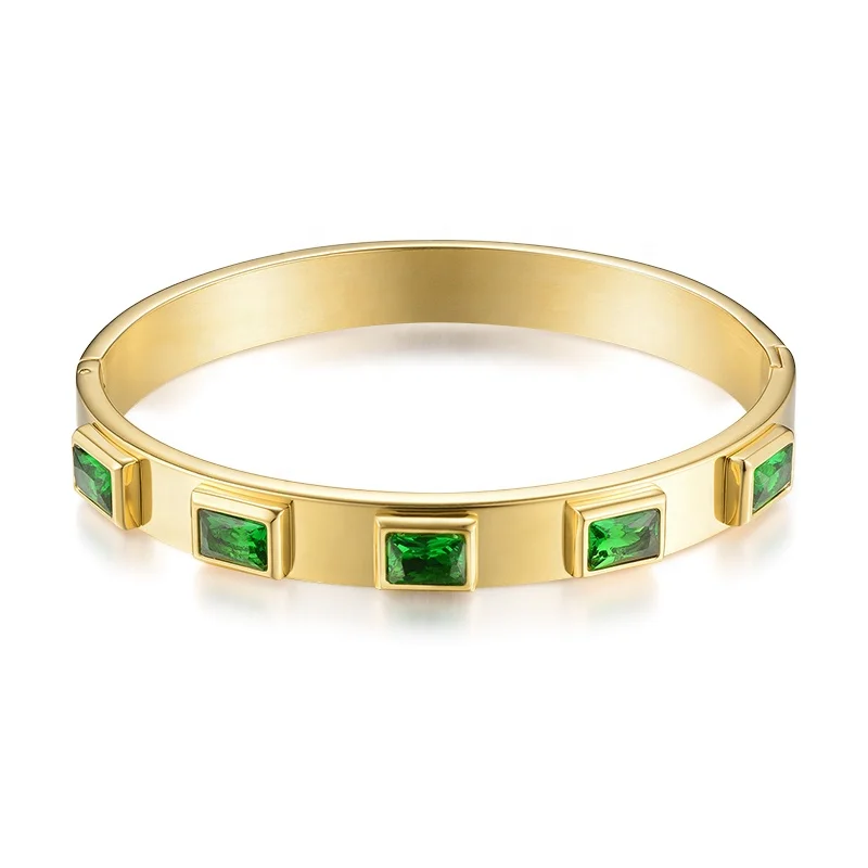 High Quality 18K Gold Plated Stainless Steel Jewelry Square Green Zircon Crystal Bracelets DB172001