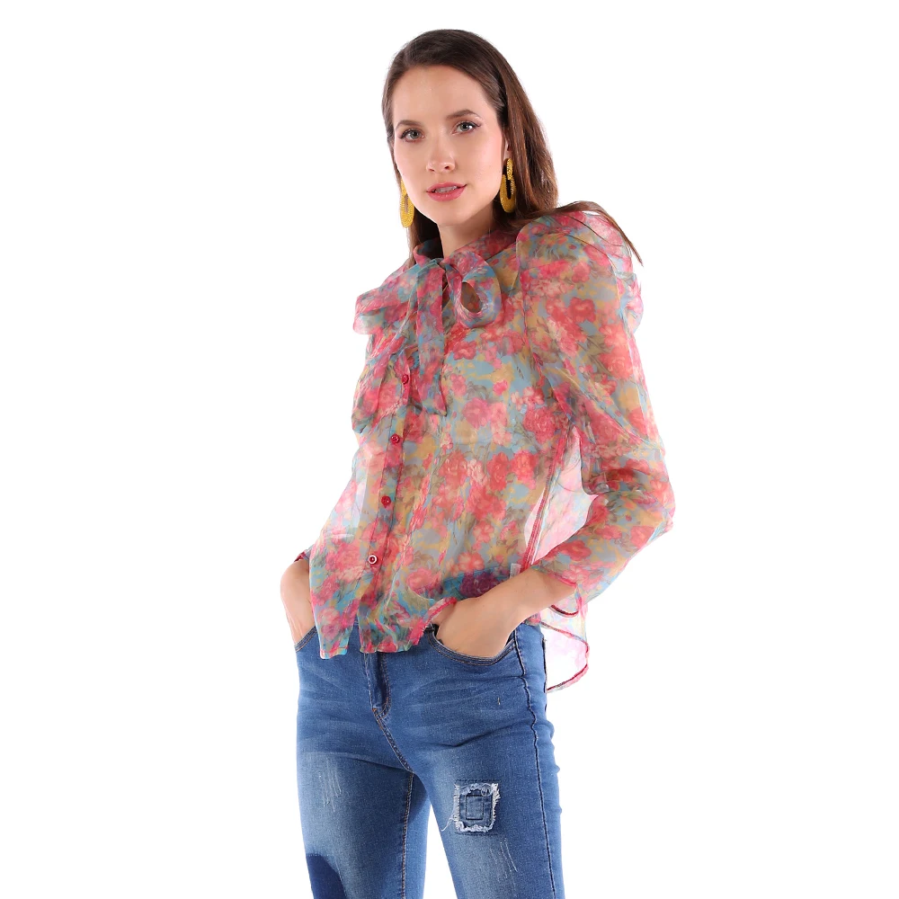 2020 Organza New Blouse Butterfly Puff Sleeve Blouse Sexy See through Fashion Lady Blouse