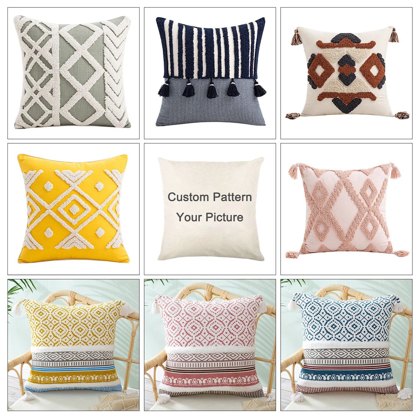 Custom Home Decor Boho Throw Pillow Cover Farmhouse Cotton Macrame Pillow Case Woven Bohemian Tufted Cushion Cover