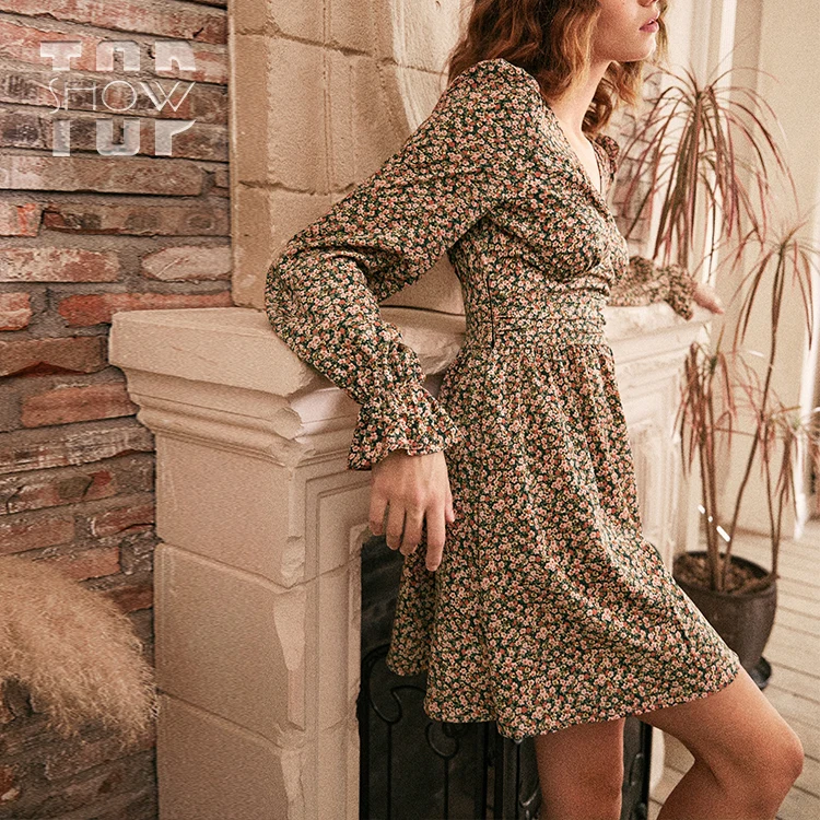 New Fashion 100% Polyester Ruffle Shirred A Line Ladies Dresses Ditsy Floral Print Flounce Sleeve Women Boho Dress