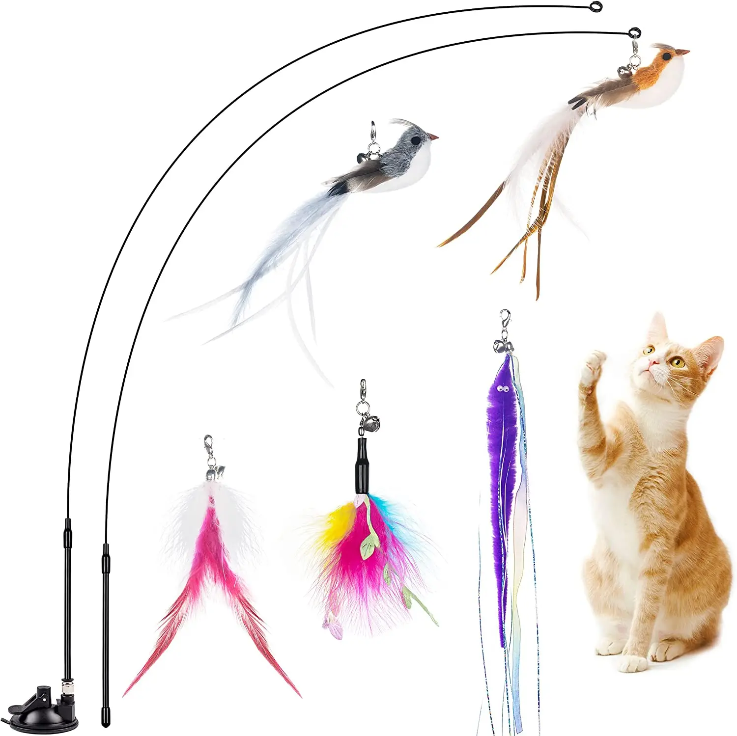 OEM Factory Cat Teaser  Eco-Friendly Steel Wire Pet Changeable Suction Cup Simulation Bird Rotating Feather Stick Cat Toy