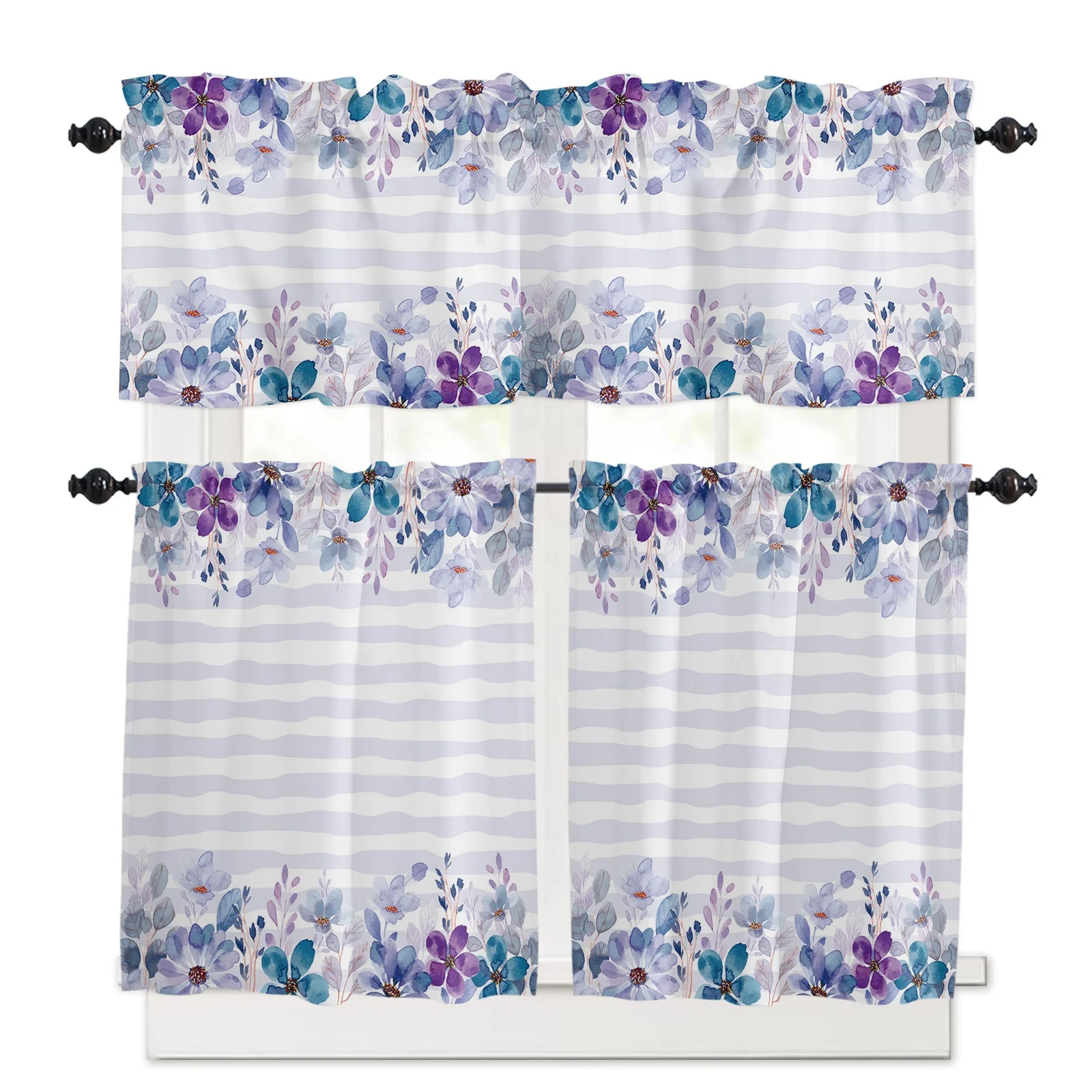 European Style Semi-Sheer Rod Pocket Beautiful Butterfly Floral Kitchen Curtain Valance Set