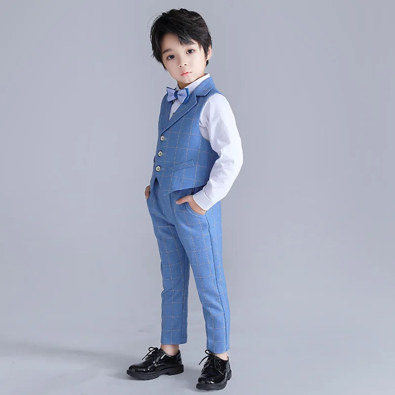 Custom made Boys three-piece Suit Sets formal wear kids light blue plaid suit