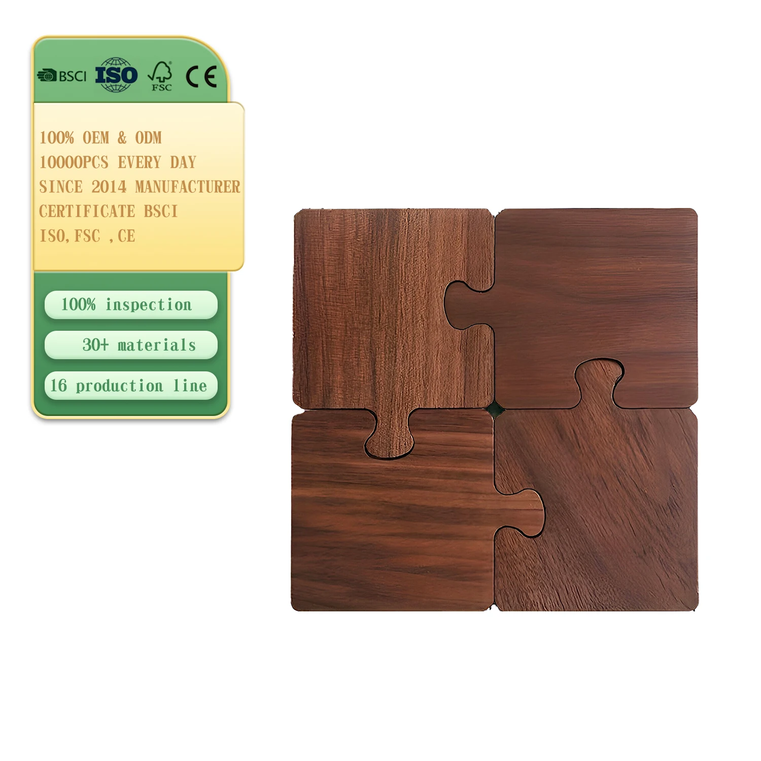 New Style Designs Customized Logo Wooden Engraved Jigsaw Puzzle Coasters Coffee Mug Tea Cup Coasters For Gift