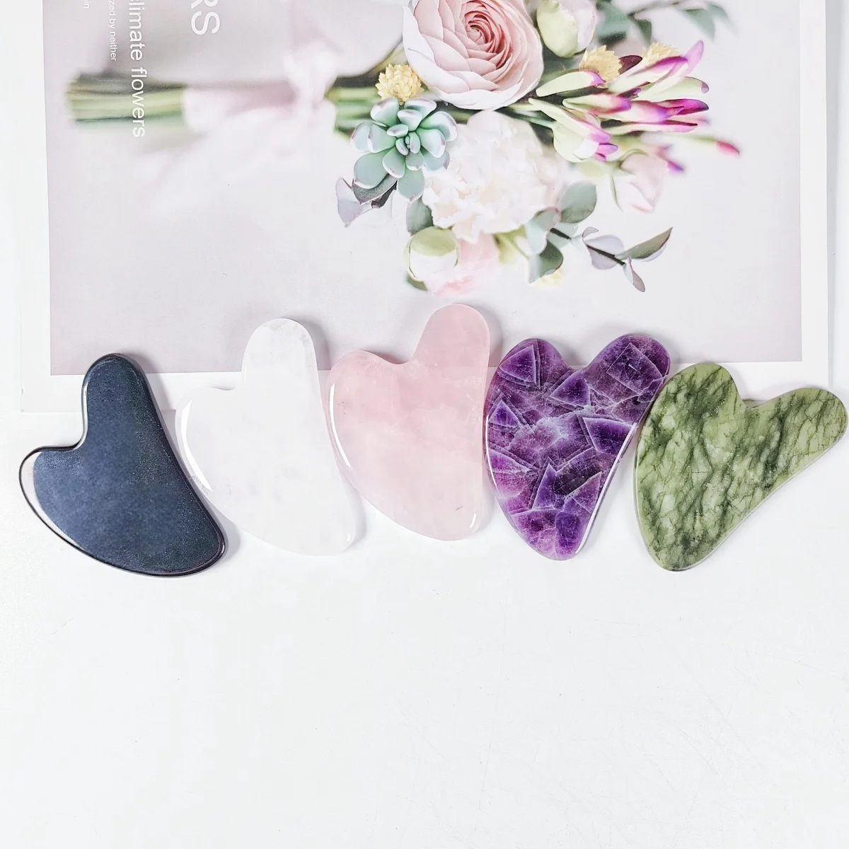 Wholesale Custom Logo Rose Quartz Stone Face Scalp Body Board Massager Set Scraping Massage Tool Gua Sha