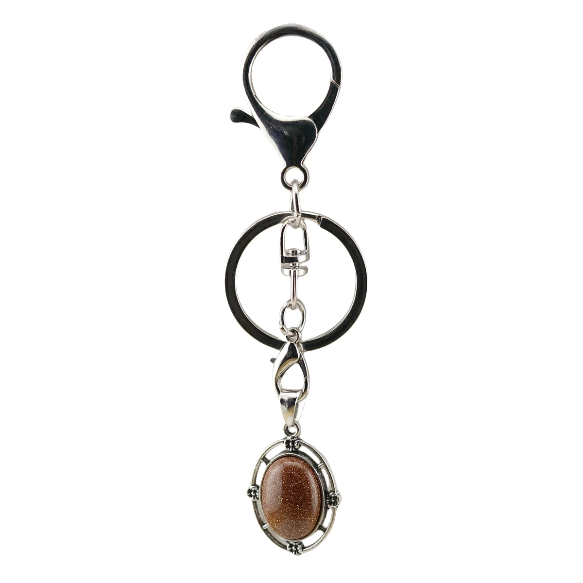 Hot Selling Luxury Natural Smooth Oval Cabochon Gemstone Pendant Keychain Metal Flowers Charm Keychains