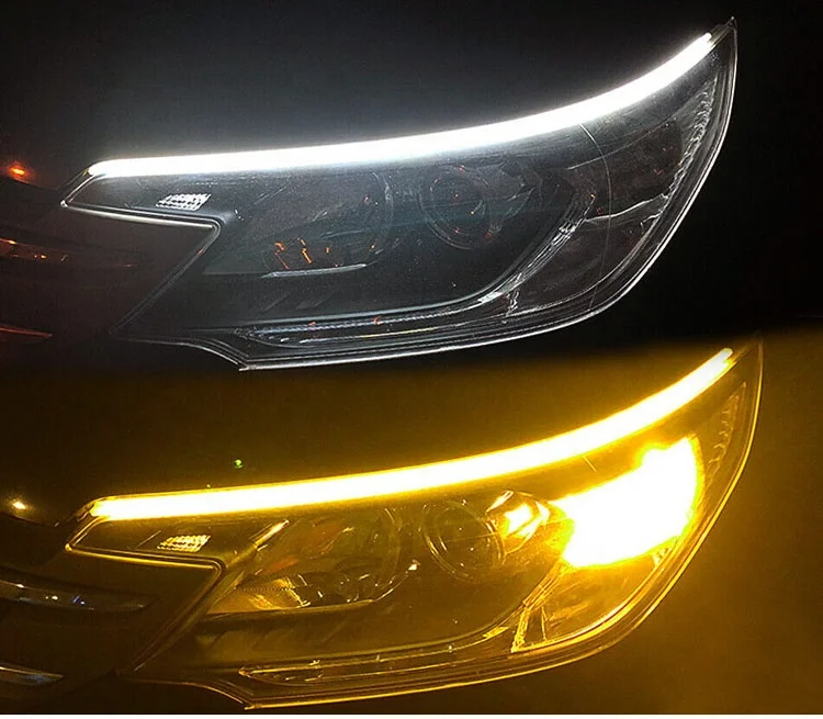 flexible car led light strip dual color 60cm DRL led auto headlight surface strip tube lamp daytime car turn signal lights
