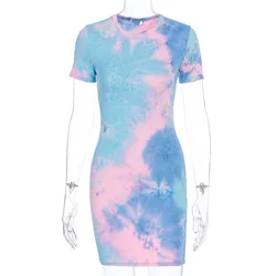New Women Sling Cami Dresses Sleeveless Slash Neck Tie Dye Bodycon Short Mini Pencil Dress Neon Party Club Slip Dress