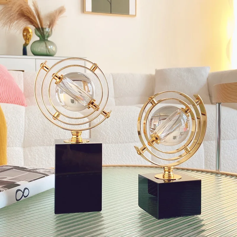 Arabic Vintage Study Living Room Golden Decoration Office Top Desk Sculptures Gift Modern Globe Iron Marble Home Ornament