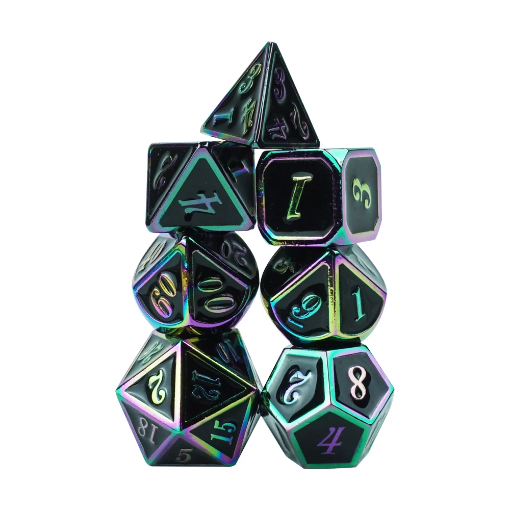 Customized Black white Metal Dungeons and Dragons Game Dice Set 7pcs Irregular Rainbow Laser Dice