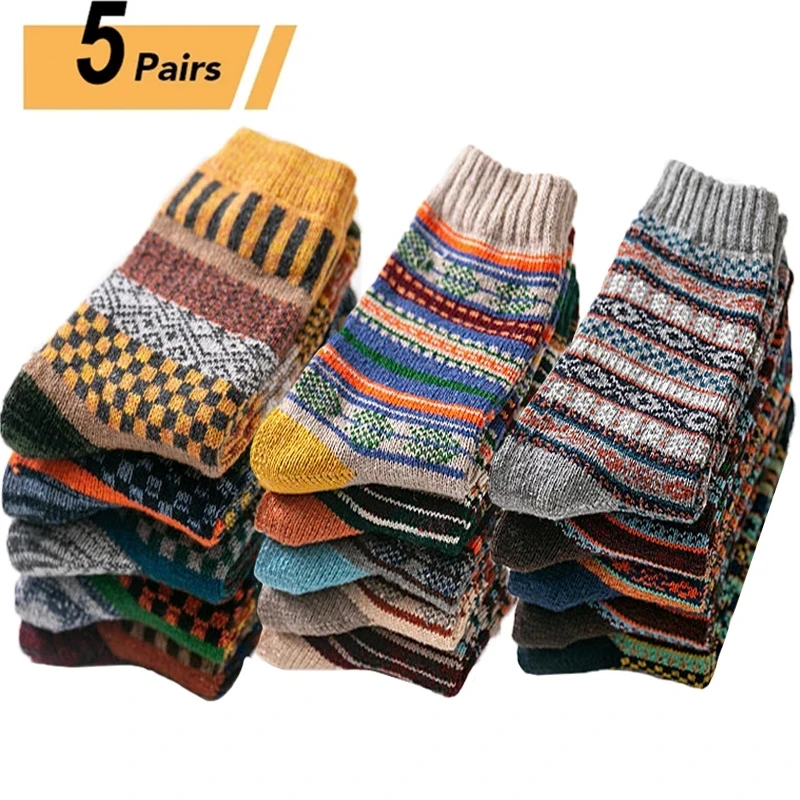 5Pairs Autumn Winter New Men Thicken Warm Harajuku Retro Fashion Casual Wool  Cotton Socks