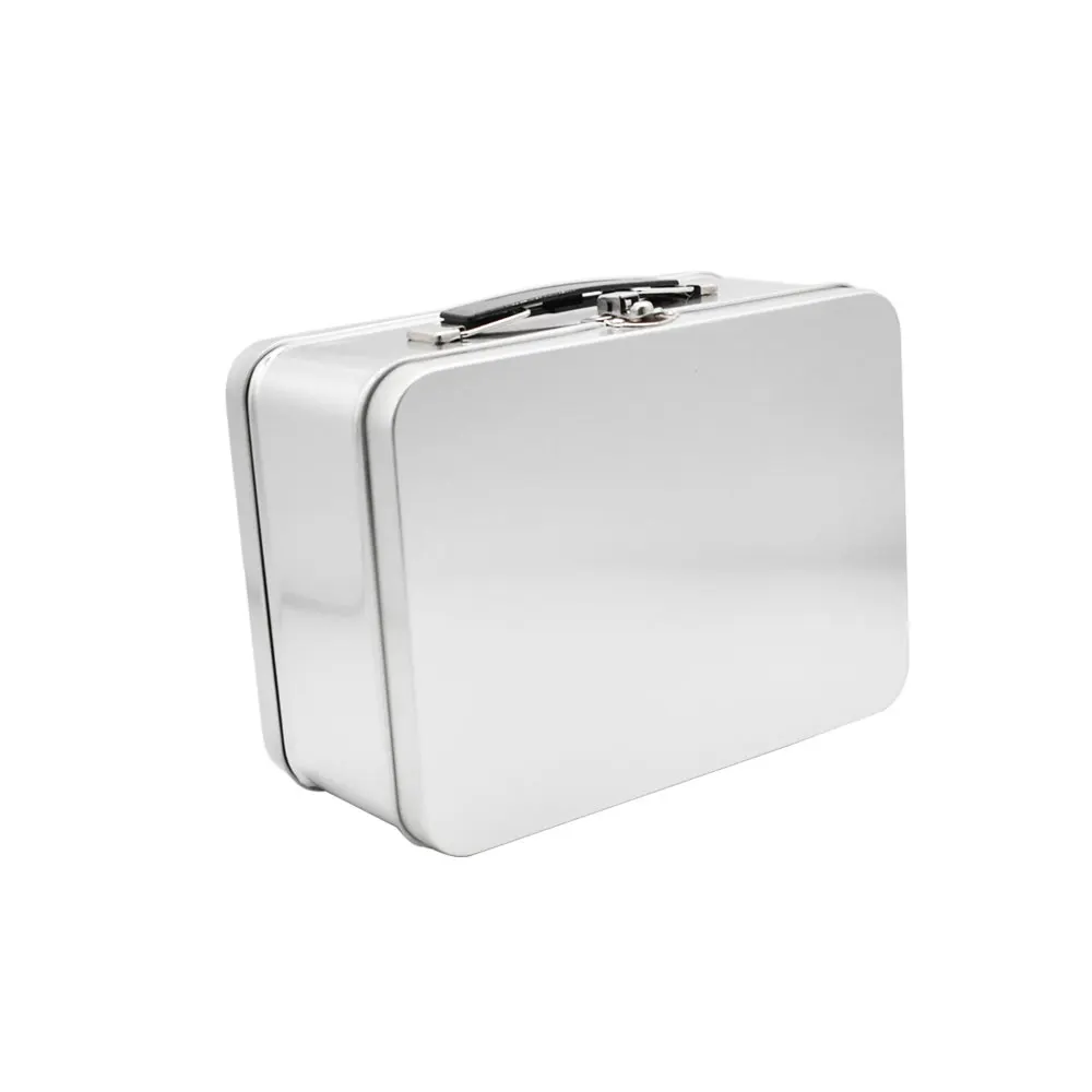 Wholesale Custom Printed Silver Large Snack Cookies Jewelry Case Metal Lunch Tin Box With Hinged Lid Handle