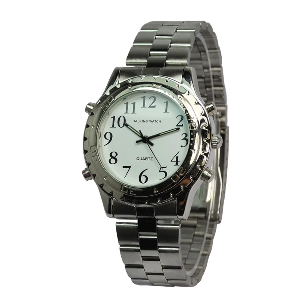Talking Watch Visually Impaired People Quartz Luxury Leather Men Women Stainless Steel English Talking Watch for Blind People