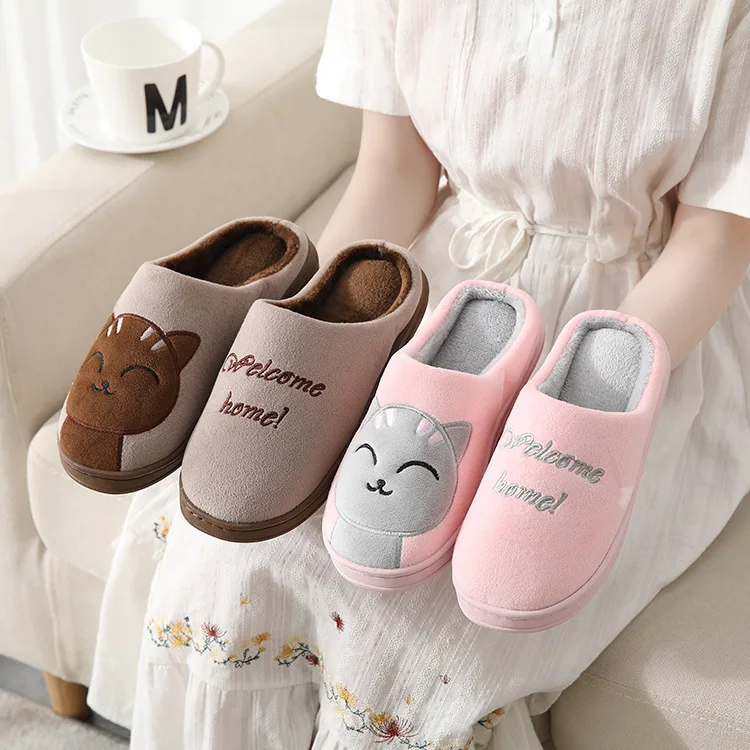 Women Winter Home Slippers Unisex Cartoon Cat Shoes Non-slip Soft Warm House Slippers Indoor Bedroom Couples Floor Shoes