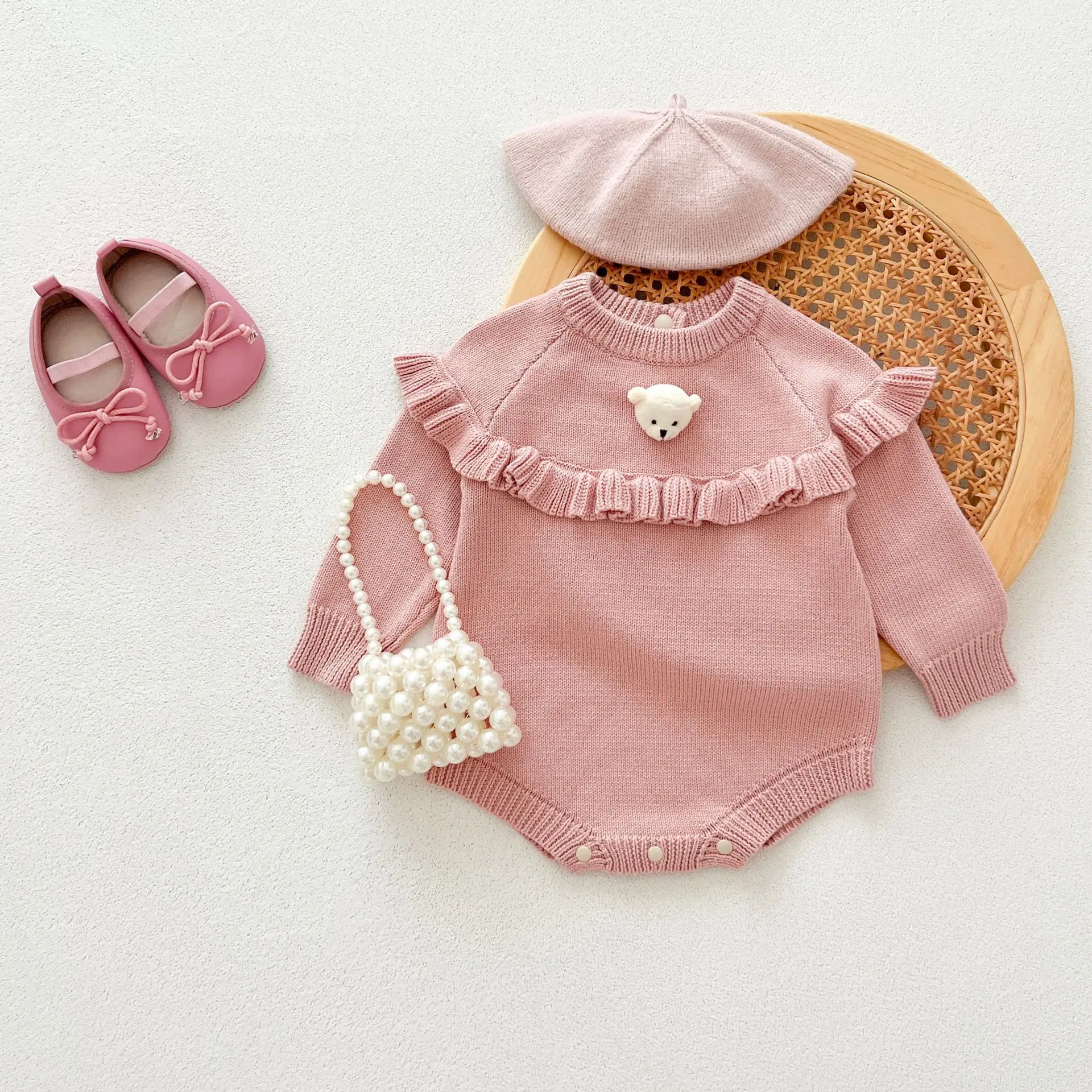 Baby clothing Korean version of cotton knitted sweater Princess three-dimensional little bear wrap butt suit jumpsuits