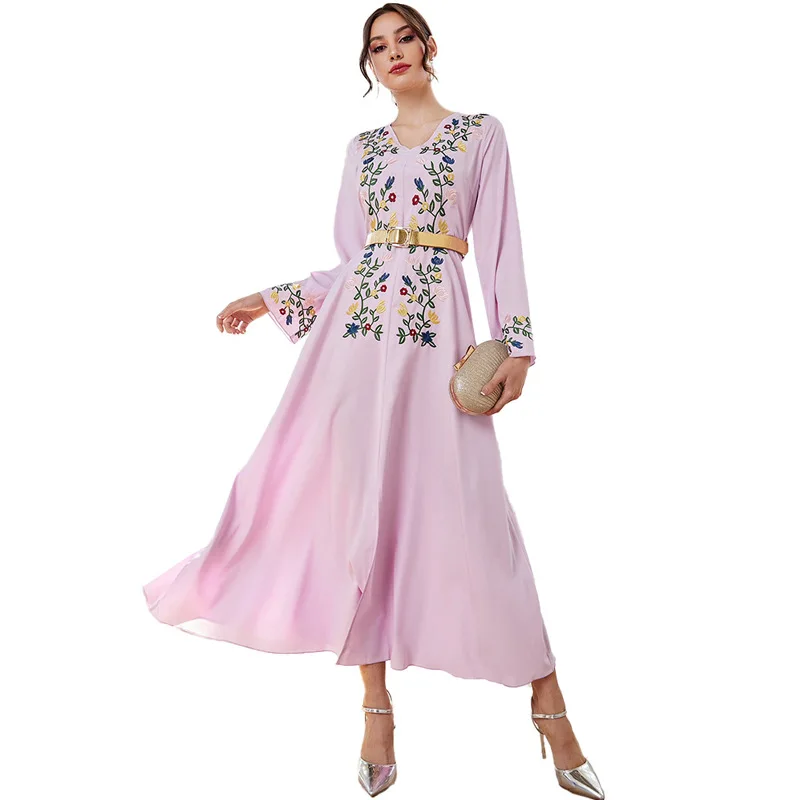 Fashion Middle East Muslim Dress 2023 Autumn New V-neck Floral Embroidery Slim Dress Empire Waist With Belt