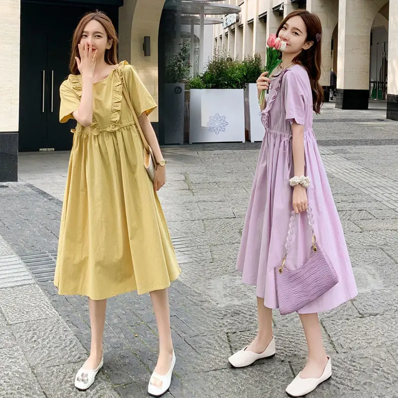 YiXin 2022 Womans Dress Clothes Solid Ruffled Short Sleeve Sweet Casual Dresses Clothing Manufacturer Custom Korean Clothes