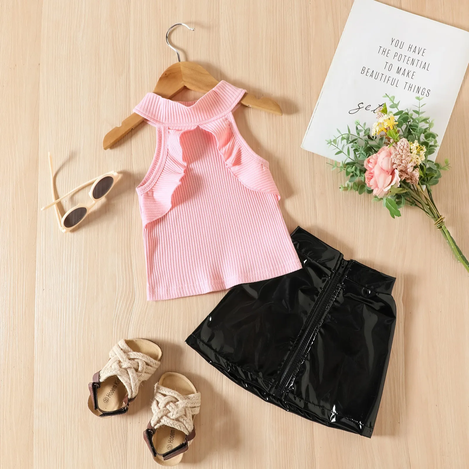 Girls children clothing summer suit sleeveless solid color top and leather skirt two pieces fashion sets