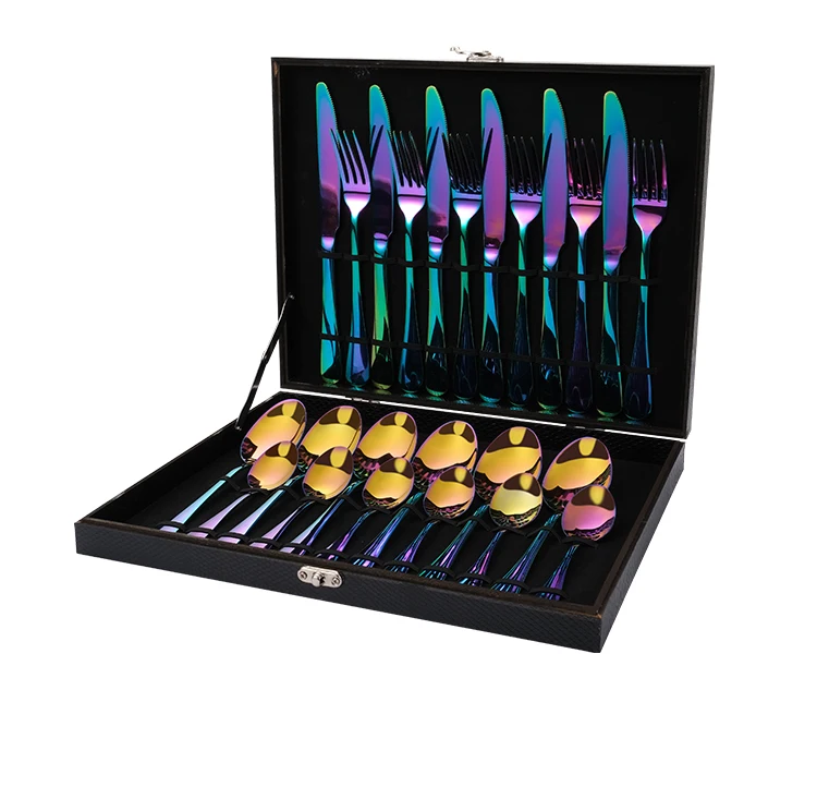 Wholesale Manufacturer Stainless Steel 24pcs Travel Portable Case Luxury Unique Reusable Kitchen Box Wedding Gold Cutlery Set