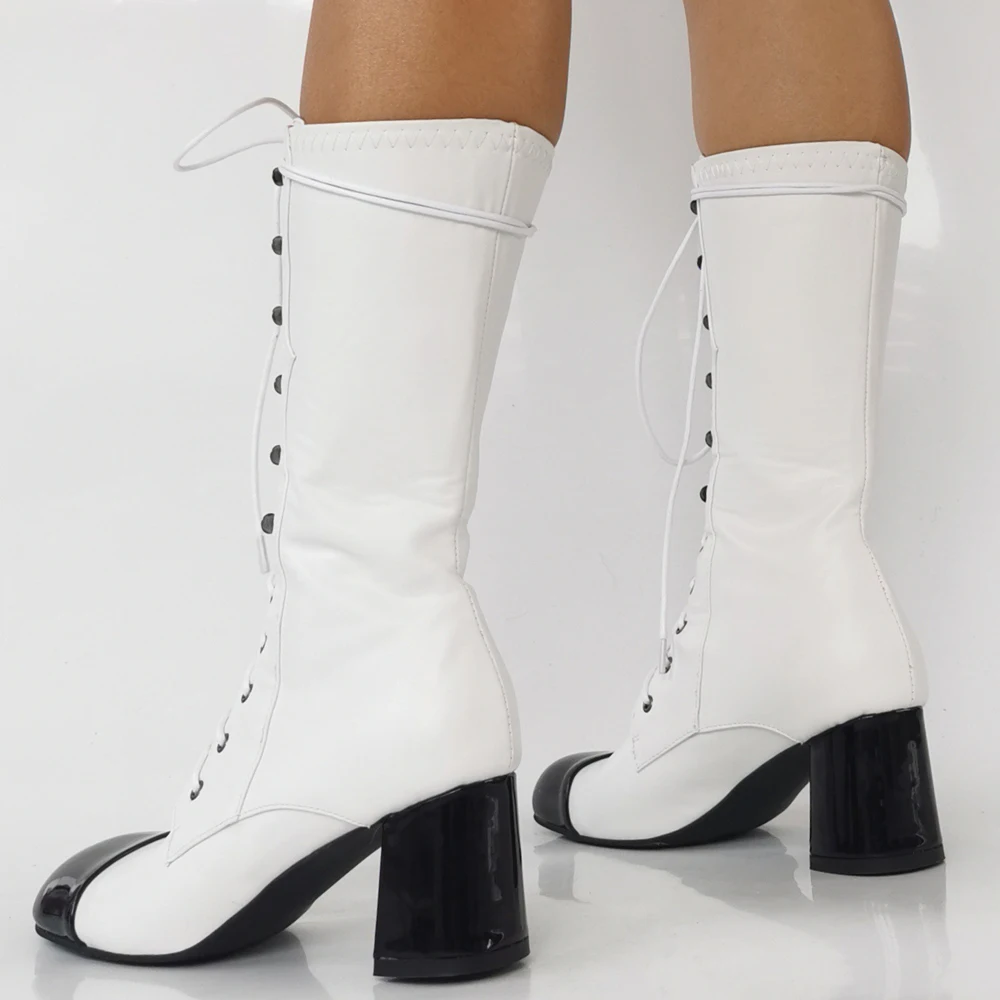 Women black white patchwork Square Toe Booty  Front Lace Up Half Knee High Boots Big Size 47 Wide Fit 6CM Chunky Heels Shoes