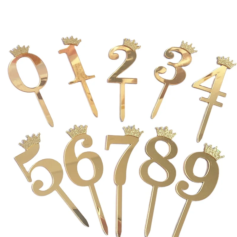 Number 0-9 Crown Acrylic Cake Plugin Wedding Anniversary Birthday Party Decorations Golden Birthday Acrylic Cake Topper
