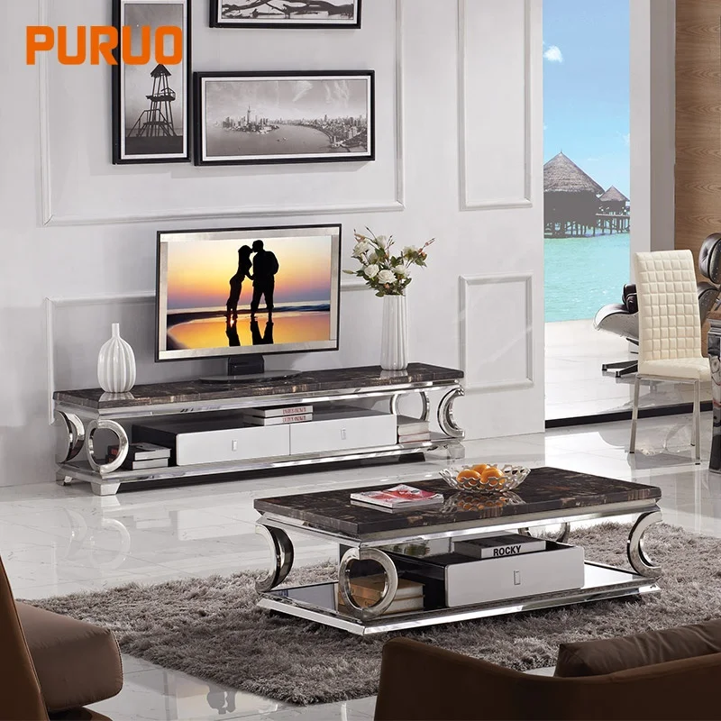 PURUO luxury end set rainbow with drawer storage metal stainless steel tempered glass marble top coffee table