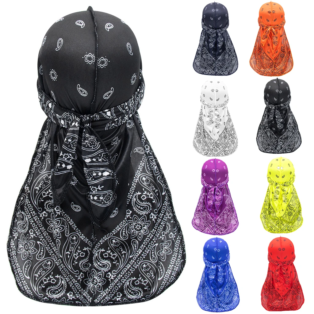 Wholesale Hip Hop Long Tail Designer 360 Waves Du Rags Bandana Paisley Durag Men Satin Silk Duragesic Cap
