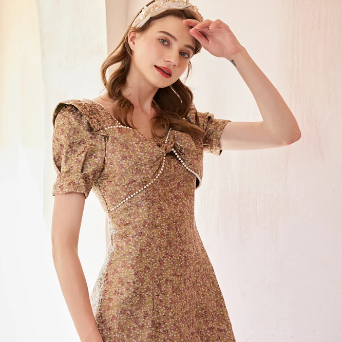 Women Summer Autumn Elegant Short Sleeve Square Bow Collar A-line Midi Party Sun Dresses Vintage Dress Vestidos